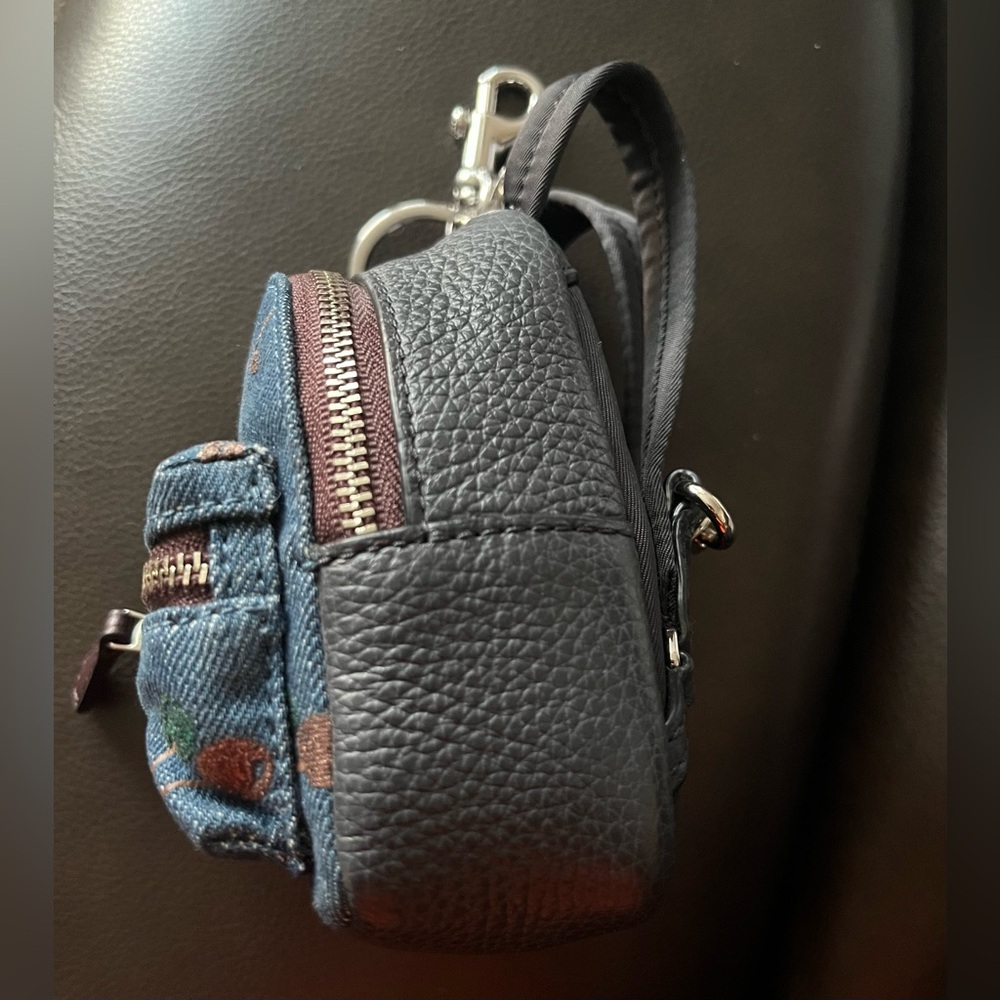 Coach Blue Denim Mini Backpack Keychain Purse Charm in Cherry Print - Picture 2 of 9